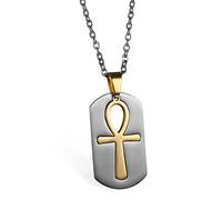 JewelryWe Bijoux Collier Pendentif Homme Religious Egyptian Clé Key of Nile Ankh Croix Dog Tag Plaque Chaîne 55cm Acier Inoxydable Fantaisie Couleur Argent Doré