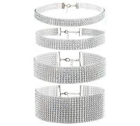 JewelryWe Bijoux Lot de 4 Collier du Cou Femme Sautoirs Bling Faux Diamant Résine Fantaisie Couleur Argent Rendez-Vous Anniversaire avec Sac Cadeau