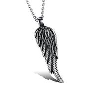 JewelryWe Bijoux Pendentif Collier Chaîne 55cm Ange Aile Plume Rétro Acier Inoxydable Fantaisie Homme Femme Couleur Argent Noir avec Sac Cadeau