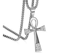 JewelryWe Bijoux Pendentif Collier Croix Egyptienne Faux Diamant Saint Valentin Chaîne 56cm Acier Inoxydable Fantaisie pour Homme et Femme avec Sac Cadeau