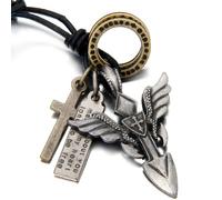 JewelryWe Bijoux Pendentif Collier Homme et Femme Croix Aile d'ange Militaire Tag Vintage Cuir Alliage Fantaisie Longueur Réglable 40-80cm avec Sac Cadeau