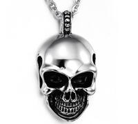 JewelryWe Bijoux Pendentif Collier Homme Tête de Mort Crâne Gothique Diable Acier Inoxydable Fantaisie Couleur Argent Noir