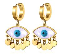 JewelryWe Boucle d'Oreille Acier Inoxydable: Boucle d'Oreille Créoles Femme Doré Mauvais œil avec Pendentif Bombe Etoile Fantaisie - Cadeau Femme Anniversaire