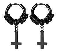 JewelryWe Boucles d'Oreilles Croix Inversée: Boucles d'oreilles Créoles Homme Femme Acier Inoxydable avec Anneau Extérieur Décoratif et Pendentif Croix de Saint-Pierre Gothique - Cadeau Anniversaire