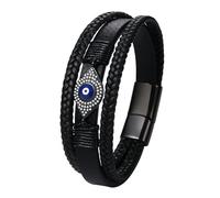 JewelryWe Bracelet Homme Cuir Tressé: Bracelet Manchette Cuir Multirang Mauvais Oeil Protection avec Bloucle Magnétique Acier Inoxydable et Strass Bracelet Masculin Mode - Cadeau Anniversaire