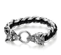 JewelryWe Bracelet Homme Double Tête de Loup en Cuir Tressé Noir et Acier Inoxydable,Bracalet Manchette Homme pour Motard et Biker,Couleur Noir Argent avec Sac Cadeau