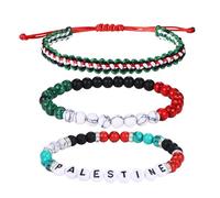 JewelryWe Bracelet Perles Drapeau Palestinien：Bracelet Réglable Ensemble de 3 Bracelets Perles Unisex avec Corde Tressée et «Palestine» Style Bohème Fait Main Souvenir Cadeau Femme Homme