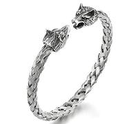 JewelryWe Bracelet Punk ouvert pour homme, tête de loup, en acier inoxydable, multicolore, cadeau, câble tressé bracelet, Acier inoxydable