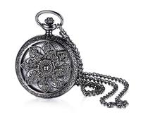 JewelryWe Cadeau de fête des pères - Montre de poche pour homme - Rétro Royal Flush - Boussole - Fleurs - Cloche - Moto - Analogique - Quartz - Pendentif avec chaîne - Bronze - Cadeau pour homme, Noir
