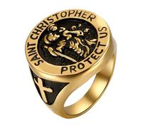 JewelryWe Chevalière Homme Acier Saint Christophe: Bague Religieuse Protection Voyageur, Médaille Catholique avec Croix,Style Vintage, Cadeau Noël Fête des Pères,Dorée 62