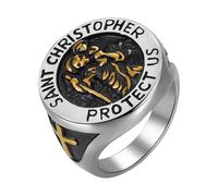 JewelryWe Chevalière Homme Acier Saint Christophe: Bague Religieuse Protection Voyageur, Médaille Catholique avec Croix,Style Vintage, Cadeau Noël Fête des Pères,Argentée et Dorée 59,5