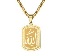 JewelryWe Collier Allah en Acier Inoxydable 18K Plaqué Or : Pendentif Plaque Homme Musulman Élégant, Design Raffiné avec Gravure Arabe - Bijou Islamique Cadeau pour Mariage, Fête Eid, et Anniversaire