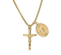 JewelryWe Collier Femme Acier Inoxydable : Pendentif Croix Jésus Christ et Médaille Vierge Marie Double Face Confort Quotidien Style Élégant Cadeau Baptême Anniversaire Pâques