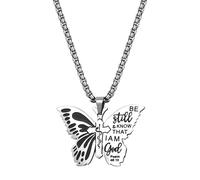 JewelryWe Collier Femme Acier Inoxydable: Pendentif Papillon Gravé “Be Still & Know That I Am God” avec Chaîne 60 cm, Bijou Élégant Fantaisie, Cadeau Anniversaire, Noël ou Fête des Mères