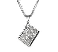 JewelryWe Collier Homme Acier Inoxydable: Collier Pendentif Livre de la Bible Chrétienne Ouvrable avec Prières Gravées à l'Intérieur - Cadeau Religieux pour Hommes et Femmes