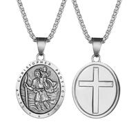 JewelryWe Collier Homme Acier inoxydable : Collier Pendentif Médaille Saint Christopher et Croix avec Chaîne Belcher Bijoux Religieux Bijoux Amulettes avec Gravure - Cadeau Anniversaire