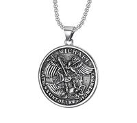 JewelryWe Collier Homme Acier inoxydable：Pendentif Garçon Chrétien Médaille Saint Michel Archange Vintage avec Chaîne de 22 inches - Cadeau Homme Anniversaire Fête de Pères