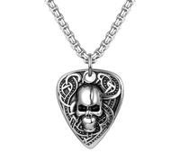 JewelryWe Collier Homme Crâne Médiator de Guitare: Pendentif Punk Rock en Acier Inoxydable, Design Unique pour Halloween et Motard Biker, Chaîne Ajustable Cadeau pour Anniversaire et Halloween