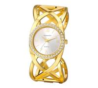 JewelryWe Grosse montre manchette pour femme : montre à bracelet ouvert en acier inoxydable doré - Quartz analogique facile à lire avec chiffres romains avec accents en oxyde de zirconium pour un
