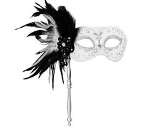 JewelryWe Masque Vénitien Femme avec Bâton: Masque Bal Masqué Carnaval en Plastique Décoré avec Plumes,Perles et Paillettes Élégant - Accessoire pour Maquillage,Bal Masqué,Halloween,Soirée Déguisée