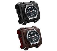 JewelryWe - Montre avec large bracelet en cuir marron / noir pour homme, garçon 2pcs