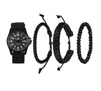 JewelryWe Montre Bracelet À Quartz Ensemble & Perles en Bois Tissé & Bracelet en Cuir Bracelet 24H Calendrier Numérique Lumineux Littéral Montre Aiguille Tissé (Style A)