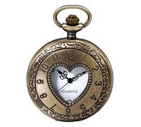 JewelryWe Montre de Poche Classique Rétro avec Pendentif en Quartz, Couvercle Creux en Forme de Cœur, Cadran à Chiffres Arabes, Collier avec Longue Chaîne