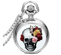 JewelryWe Montre de Poche Quartz Fleur Rose Tête de Mort Crâne Gothique Diable Rétro Pendentif Collier Alliage Fantaisie pour Femme Couleur Argent avec Sac Cadeau