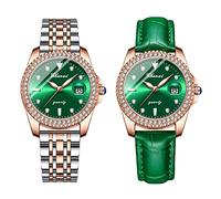 JewelryWe Montre Femme,2 pcs Montre Bracelet Femme Analogique Quartz avec Aiguilles Lumineuses,3Atm Etanche,Montre Rond avec Strass et Cadran du Calendrier，Montre Bracelet en Cuir/Acier