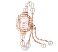 JewelryWe Montre Femme Bracelet Perles: Montre Rectangulaire Fantaisie Perles Synthétiques Analogique Quartz Ajustable avec Curseur Cadran Diamant Éclatant - Cadeau d'anniversaire Fête des Mères