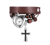 JewelryWe Montre Femme Cuir Punk: Montre Design Multi-Couches avec Bracelet en PU, Pendentif Croix et Cadran Quartz en Forme de Cœur Accessoir Halloween, Noël ou Cadeau d’Anniversaire