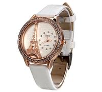 JewelryWe Montre Femme Quartz Charm Graduation Faux Diamant Tour Eiffel Mode Bracelet Cuir Alliage Fantaisie Couleur Blanc avec Sac Cadeau