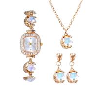 JewelryWe Montre Femme Rectangulaire en Set Bijoux: Parure Montre Bracelet,Collier et Boucles d’Oreilles Élégant Fantaisie avec Étoile et Lune en Diamant Zircons Brillants - Cadeau pour Anniversaire