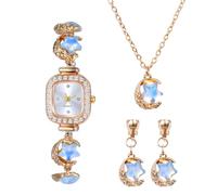 JewelryWe Montre Femme Rectangulaire en Set Bijoux: Parure Montre Bracelet,Collier et Boucles d’Oreilles Élégant Fantaisie avec Étoile et Lune en Diamant Zircons Brillants - Cadeau pour Anniversaire