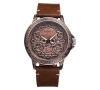 JewelryWe Montre Homme Bracelet Cuir: Montre Homme Gros Cadran Crâne Tête de Mort Steampunk Vintage Biker avec Bracelet Cuir Véritable Ajustable Montre Étanche 3ATM Quartz - Cadeau Halloween