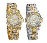 JewelryWe Montre pour Homme Cadran Rond en Diamant Complet Montre-Bracelet à Quartz avec Bracelet (2PCs)