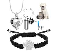 JewelryWe Set de Bijoux de Crémation pour Animaux (3 Pièces) : Médaillon Cœur en Acier Inoxydable, Bracelet Empreinte Réglable et Porte-Clés Urne - Cadeau Émotionnel pour Garder les Cendres d’Animal