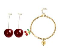 JewelryWe Set de Bijoux Femme Cerises: Parure de Boucles d’Oreilles 3D Cerises en Résine Rouge et Bracelet Coeur en Acier Inoxydable Léger Thème Fruit Mignon et Doux,Cadeau pour Anniversaire ou Noël