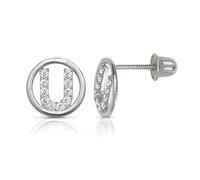 Jewelryweb Boucles d'oreilles à tige en or blanc massif 14 carats avec zircone cubique imitation diamant cercle A Z avec monogramme personnalisé pour femme, One Size, Zircone cubique Pierre précieuse