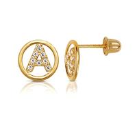Jewelryweb Boucles d'oreilles à tige en or jaune massif 14 carats avec zircone cubique imitation diamant cercle A Z avec monogramme personnalisé pour femme, One Size, Zircone cubique Pierre précieuse