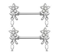 Jewseen Lot de 2 piercings de téton en forme de fleur CZ - En acier inoxydable 316L - 14 g, Acier inoxydable
