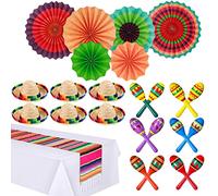 Jexine Lot de 26 décorations de fête Fiesta comprenant 12 maracas, 6 chapeaux de fête Sombrero, 6 éventails en papier Fiesta, chemin de table mexicain, nappe de fête en plastique blanc pour fournitures d'anniversaire