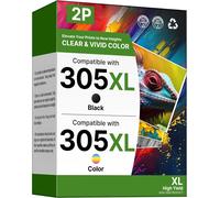 JEXNOVASHOP-305 305XL Compatible pour Cartouche HP 305 XL pour HP Deskjet 2820e 4220e 2810e 2720e 2800e pour Envy 6000 6020e 6032e 6420e 6032e 6020 6430 6432(305XL Noir, Couleur 2-Pack)