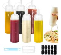 JEXNOVASHOP-6 Pcs Bouteille Sauce 250ml, Bouteille à Condiments, Recipient Sauce, Presser Les Bouteilles, Transparent Flacon Souple en Plastique avec Brosse de Nettoyage pour Ketchup Huile Vinaigrett