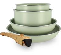 Jexnovashop-Batterie De Cuisine Amovible Empilable - Tous Feux Dont Induction - Revêtement Céramique Antiadhésif Sans Pfas - Gamme Colorama - Couleur Céladon - 2 Poêles + 2 Casseroles + 1 Poignée