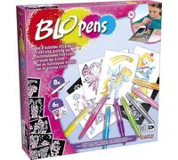 JEXNOVASHOP-BLOPENS - Set Activités Féeriques - Feutres de Coloriage À Souffler avec Pochoirs Réutilisables - Idée Cadeau Enfants dès 5 Ans - Kit Création Dessins Fées, Licornes & Sirènes Pailletées