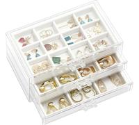 JEXNOVASHOP-Boîte à Bijoux Transparente, 3 Plateaux Bijoux Tiroir, avec Séparateurs Amovibles, Rangement Bijoux Tiroir Acrylique, Range Boucles d¿Oreille Bagues Colliers Bracelets - Blanc