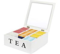 JEXNOVASHOP-Boîte à thé en bois avec 9 compartiments - Boîte de rangement pour sachets de thé - Blanc - 21,5 x 21,5 x 8,5 cm