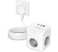 JEXNOVASHOP-Cube de prise 6 en 1 avec USB C, 3 prises, prise plate avec interrupteur individuel, multiprise cube avec câble de 2 m, 1 multiprise USB de type C pour bureau, maison, voyage (blanc)