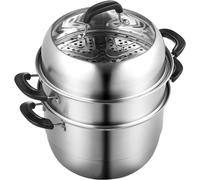 JEXNOVASHOP-Cuiseur Vapeur à 3 Étages 28 cm Cuit Vapeur avec 1 Marmite de 8 L 1 Panier 2 Plateaux à Vapeur Couscoussier Tous Feux en INOX Alimentaire Couvercle en Verre Gants Isolants pour Cuisson à